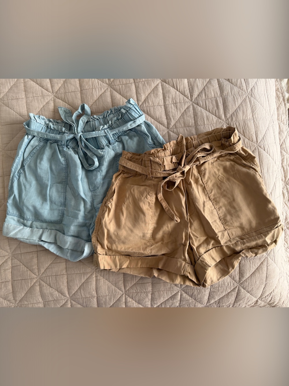 Set of 2 Aerie Light Blue and Tan Paperbag Tie-Waist Shorts Duo XS